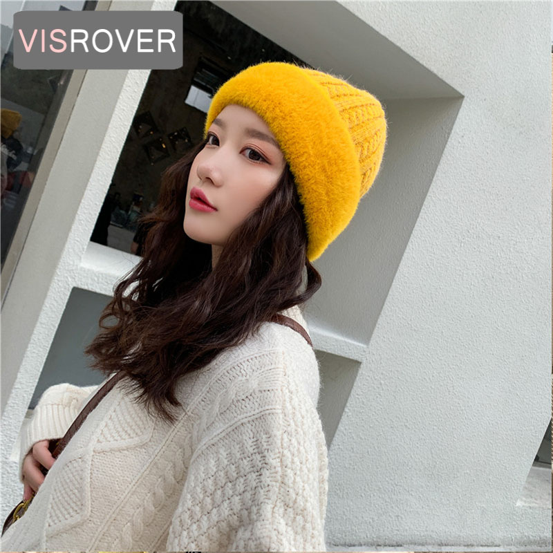 

VISROVER 6 colorways acrylic fake fur winter hat for woman solid color bonnet autumn beanies warm soft winter skullies cap gift