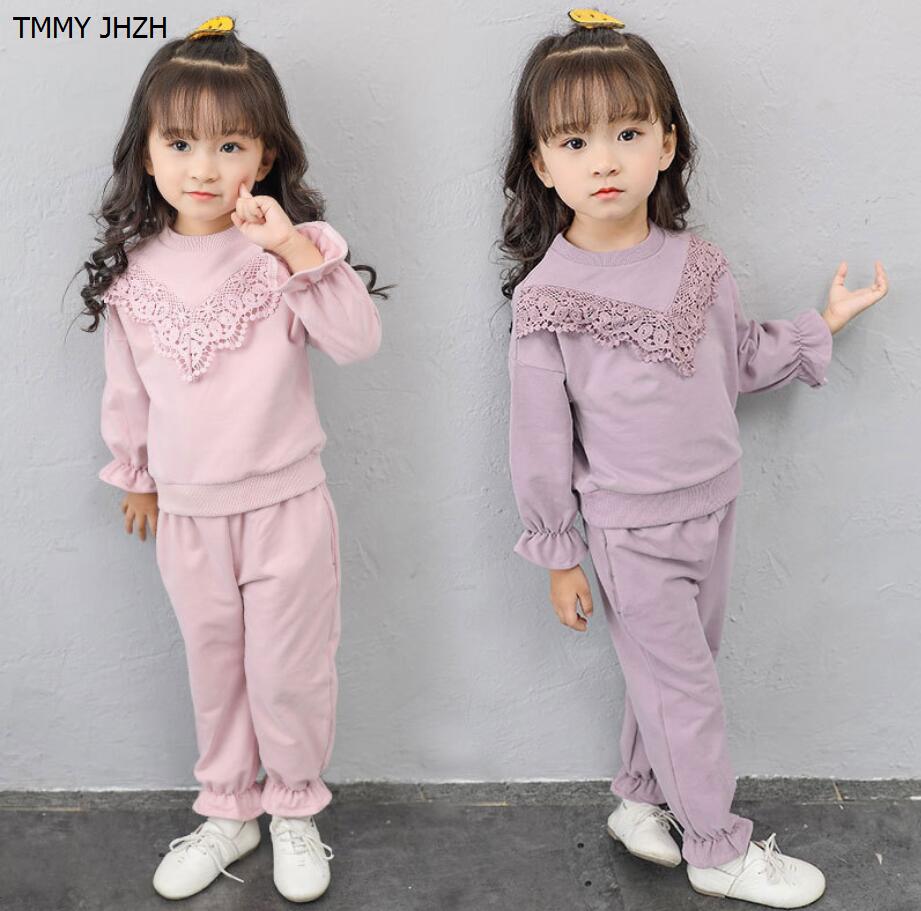 

Kids teens clothe 2019 Spring Children Baby Girl Clothes Sets Kids Lace Long Sleeve suit Clothing Sets Child Sport Suits, Pink