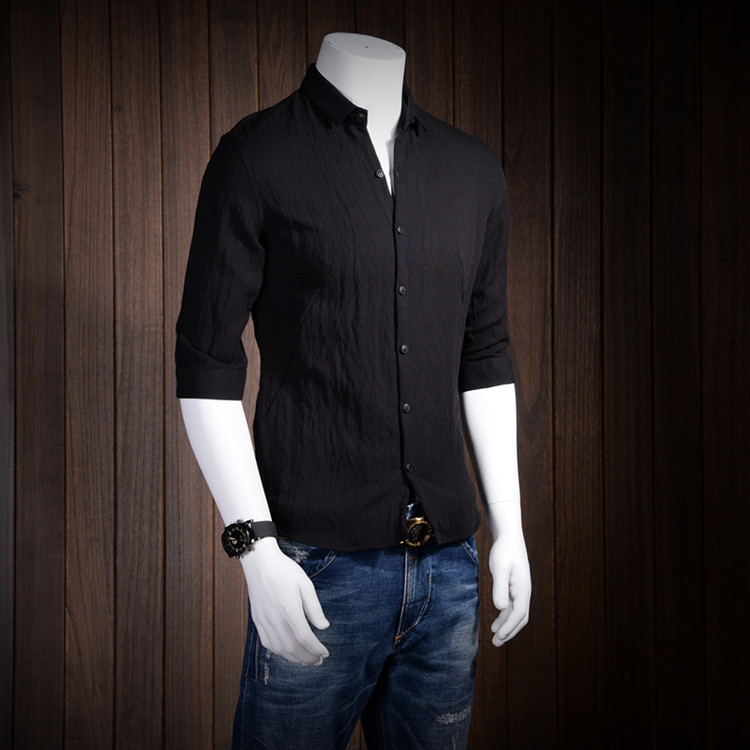 

5XL!!!Thin linen short-sleeve shirt male breathable slim half sleeve shirt individuality sweatshirt, Black