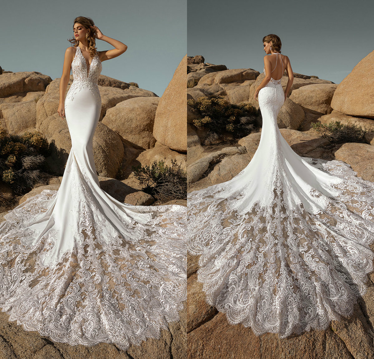 

Kitty Chen Sexy Mermaid Wedding Dresses Lace Appliqued Halter Backless Robes De Mariée Custom Made Beach Bridal Vestido De Noiva, Ivory