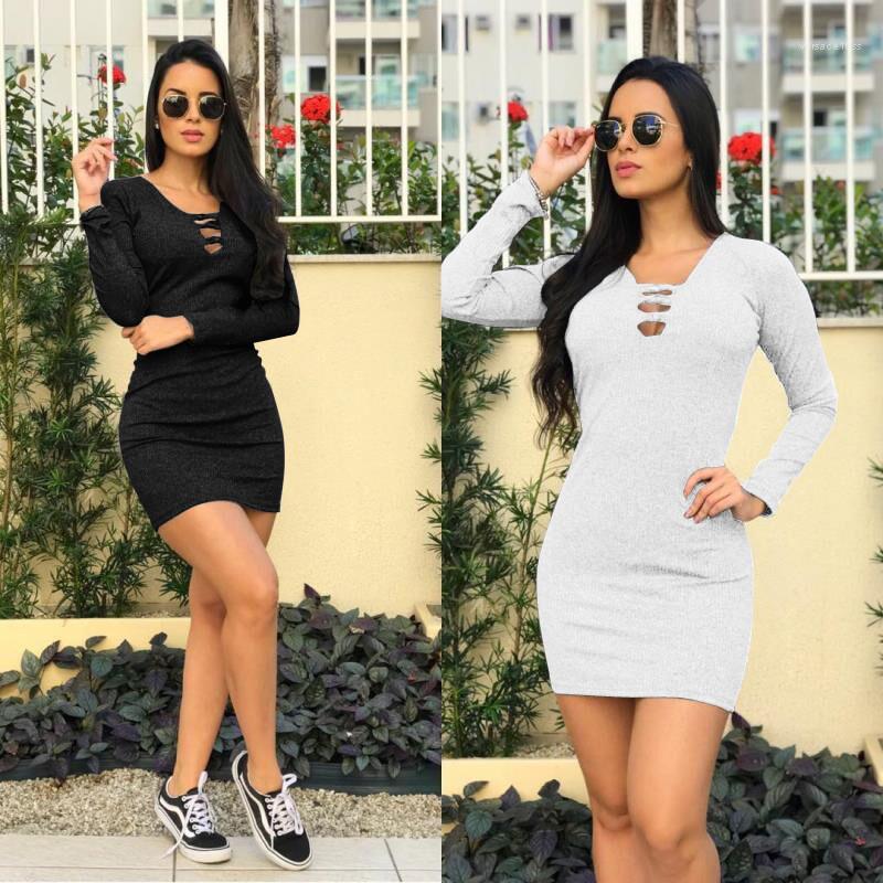 

Casual Dresses Sexy V Neck Hollow Out Womens Designer Dresses Casual Females Clothing Solid Color Womens, Black