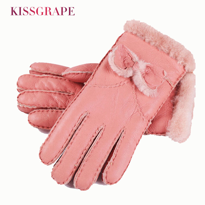 

Brand Women Gloves Australia Sheepskin Fur Winter Women's Warm Genuine Leather Gloves Bowtie Ladies Mittens Outside