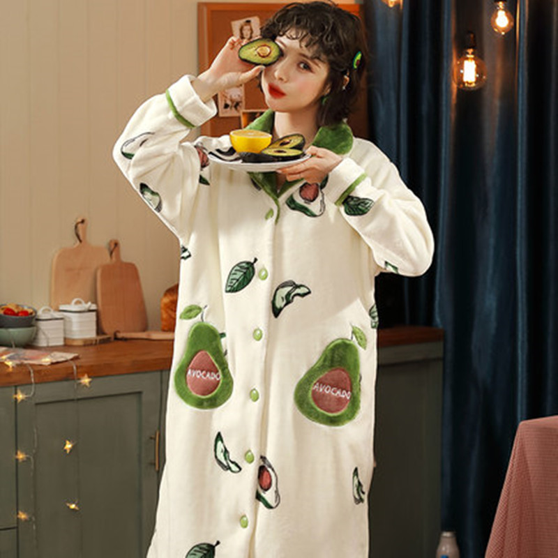 

Nightdress women in autumn and winter thickened coral velvet long pajamas, flannel bathrobe, sweet and lovely home clothes