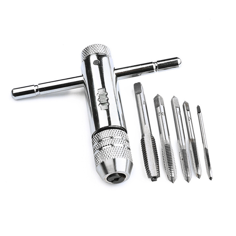 

Newest Ratchet Tap Chuck Wrench Adjustable T Handle with 5 Pcs M3-M8 Machine Screw Taps