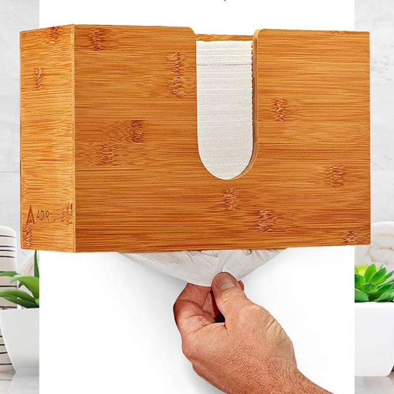 

Wall Mount Self Adhesive Tissue Box Napkin Holder Bathroom Kitchen Bamboo Napkin Tissue Paper Dispenser Garbage Bag Container