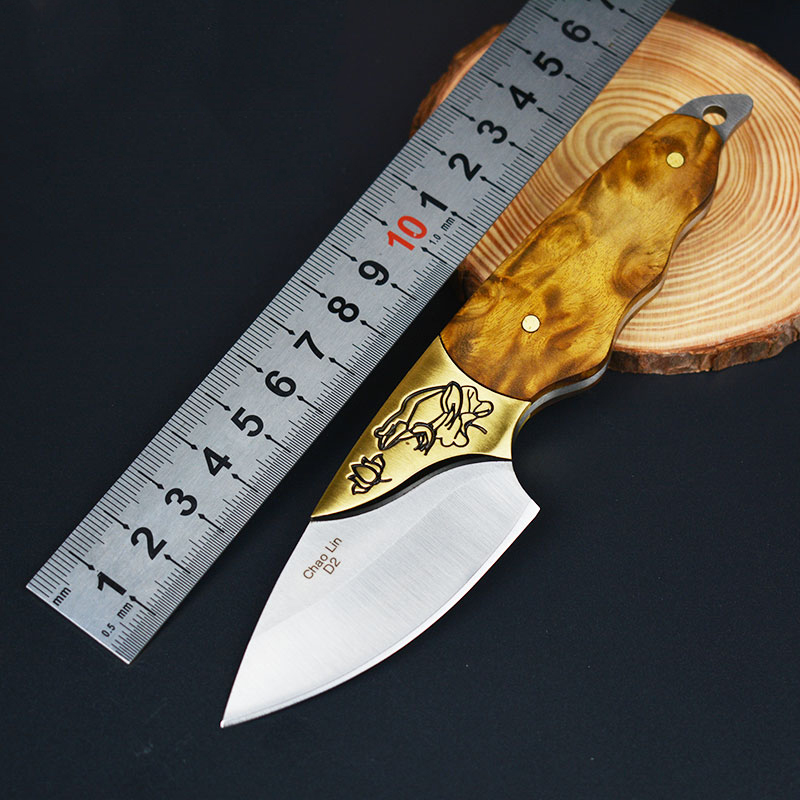 

New arrival small frog outdoor straight fixed blade knife D2 steel blade with brass white shadow wood handle survival self-defense knife