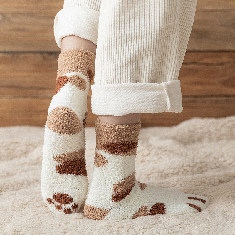 6 pairs/ Lot New Women's Footprints Cute Cat Claw Pattern Home Sleeping Socks Female Warm Winter Thick Coral Velvet Floor Socks CX200817-image-569538541