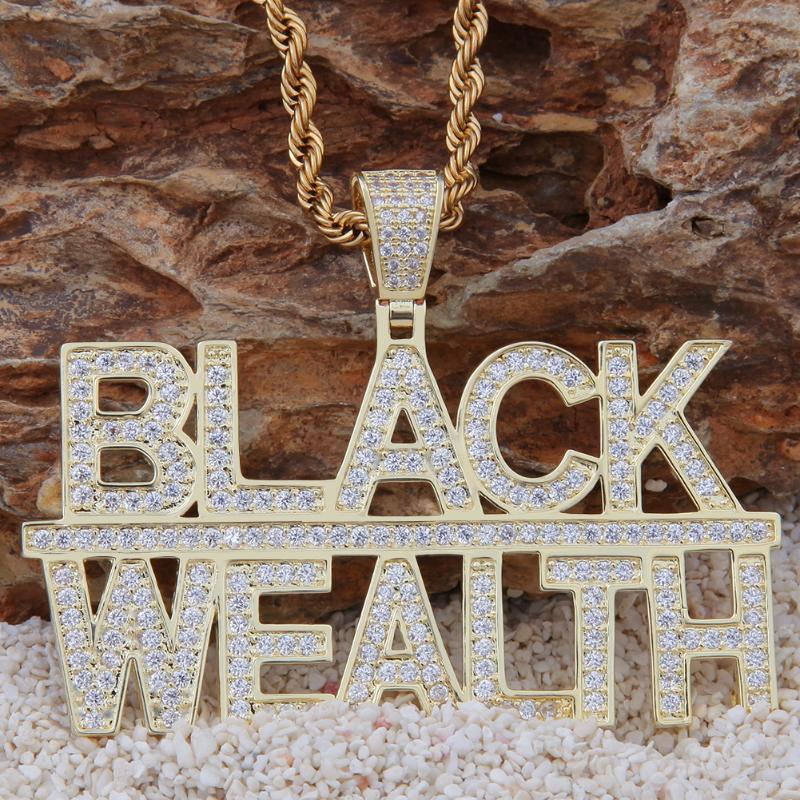 

Iced Out Bling Rapper Black Wealth Letter Pendant CZ Chain Gold Silver Color Hip Hop Jewelry CZ Bling Necklace for Men Women