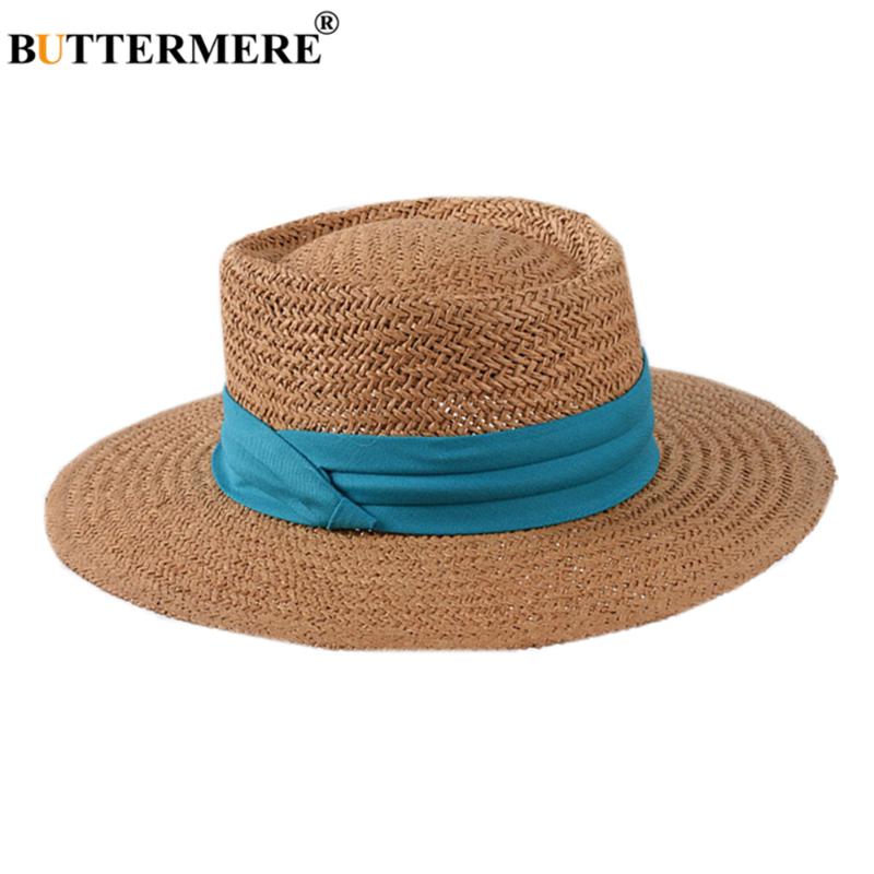 

BUTTERMERE Straw Hat Women Summer Flat Brim Cap Ladies Beach Panama Hat Designer Brand Korean Fashion Sun Hats for Women, Black