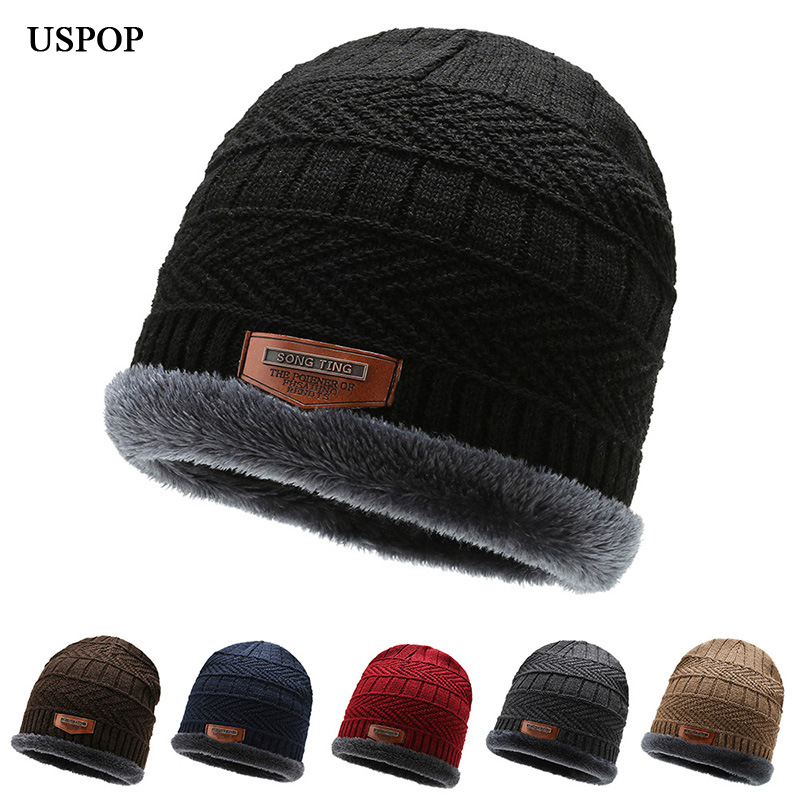 

USPOP Men's hats winter knitted hat caps thick skullies velvet lining beanies, Black