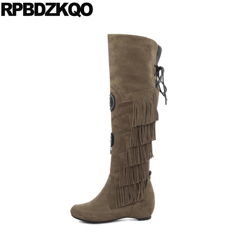 

shoes fringe round toe genuine leather wedge lace up handmade tall height increasing knee high long women boots winter 2020, Black