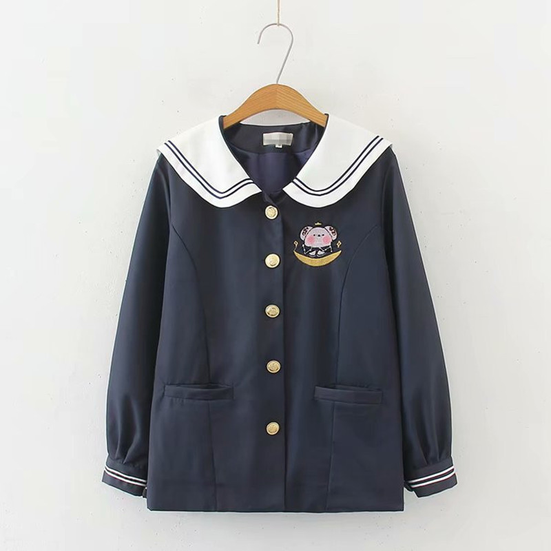 

Japanese School Uniform Jacket Women Spring Autumn Striped Sailor Collar Kawaii Cartoon Embroidery Womens Jackets Coats manteau, White