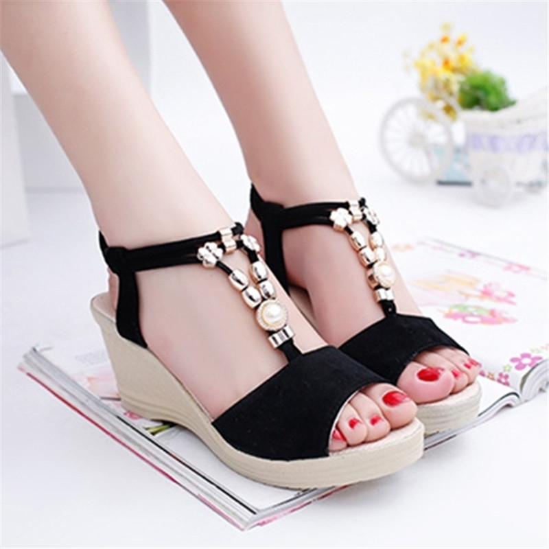 

new summer high-heeled wedge sandals female fish mouth Beading shoes Korean style Women Shoes, Black