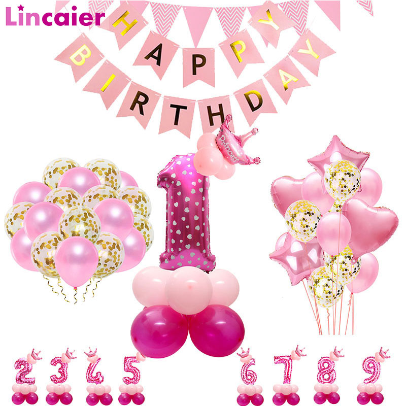 

Gold Pink Latex Foil Star Heart Balloons 1st Happy Birthday Party Decorations Kids Baby Girl Boy 1 2 3 4 5 6 Year Birthday Decor