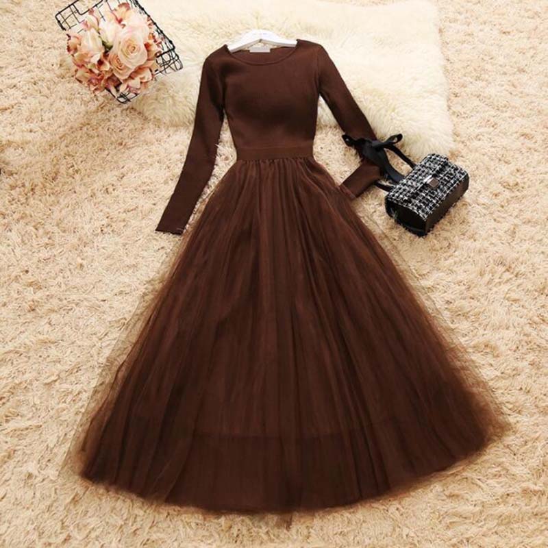 

Women Knit Dress Autumn Winter O-Neck Long Sleeve Knitted Patchwork Mesh Dresses Female Elegant Fluffy Dress Vestidos, Black