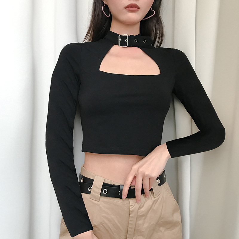 

2020 Sexy Women Hollow Out Thin T Shirt Front Cut Out Crop Tops Choker Collar Short Long Sleeve T-shirt Clubwear Streetwear