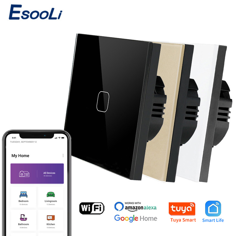 

EsooLi Tuya Smart Life Glass Panel EU/UK Standard Touch Switch Zero/Single Fire Line Voice Control Light Wireless Wall Switch