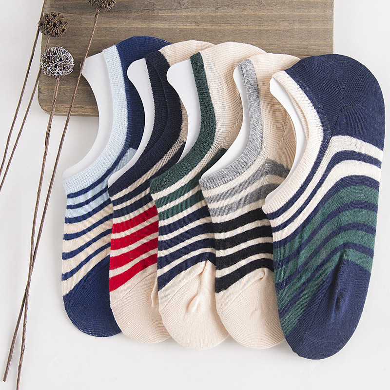 

10Pairs Stripes Cotton Stealth Super Shallow Mouth Invisible Socks Cotton Silicone non-slip For Men Boat Quality Sock, Beige