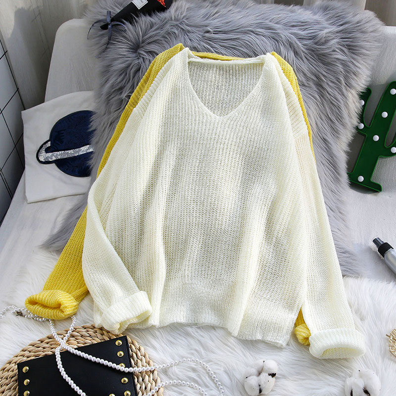 

autumn new thin knitted women sweater and pullovers v-neck solid long-sleeved casual female pulls outwear coat tops, Yellow