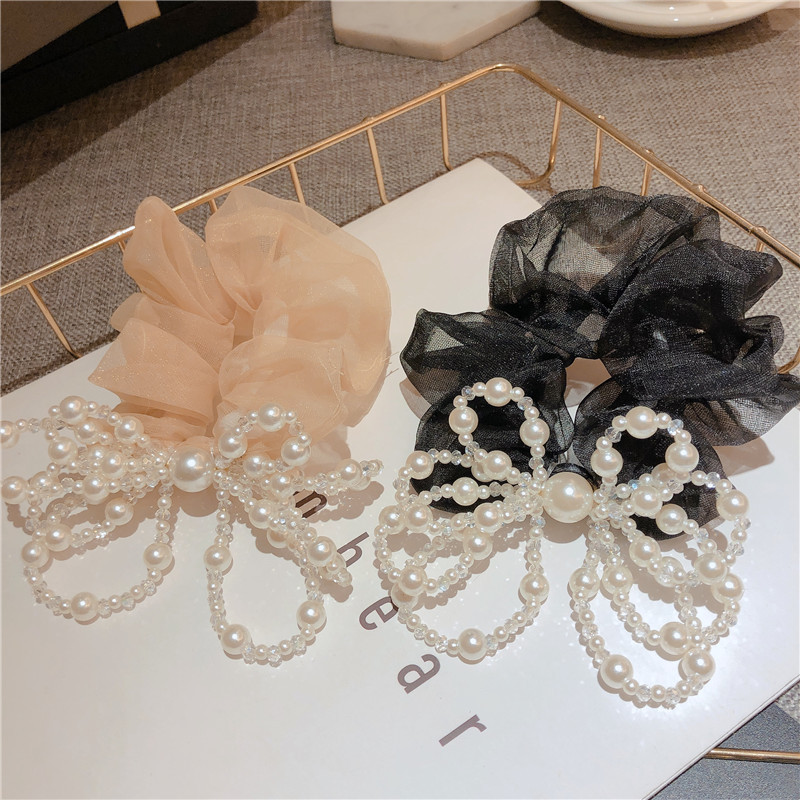 

Fashion Rope Scrunchie Ponytail Holder White Black Chiffon Big Pearl Bow Elastic Hair Bands Hair Accessories for Women Girls