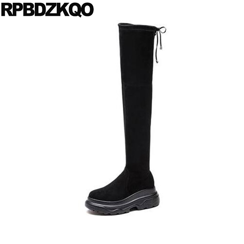 

platform chinese flatform long lace up muffin wedge shoes over the knee suede slim thigh women boots fashion black high heel
