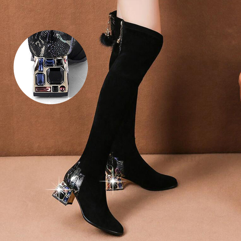 

Fashion Over The Knee Boots For Women Winter High Boots Female Black Rhinestone High Heels Women Winter Shoes Botas Mujer, Cwm 85 green plush