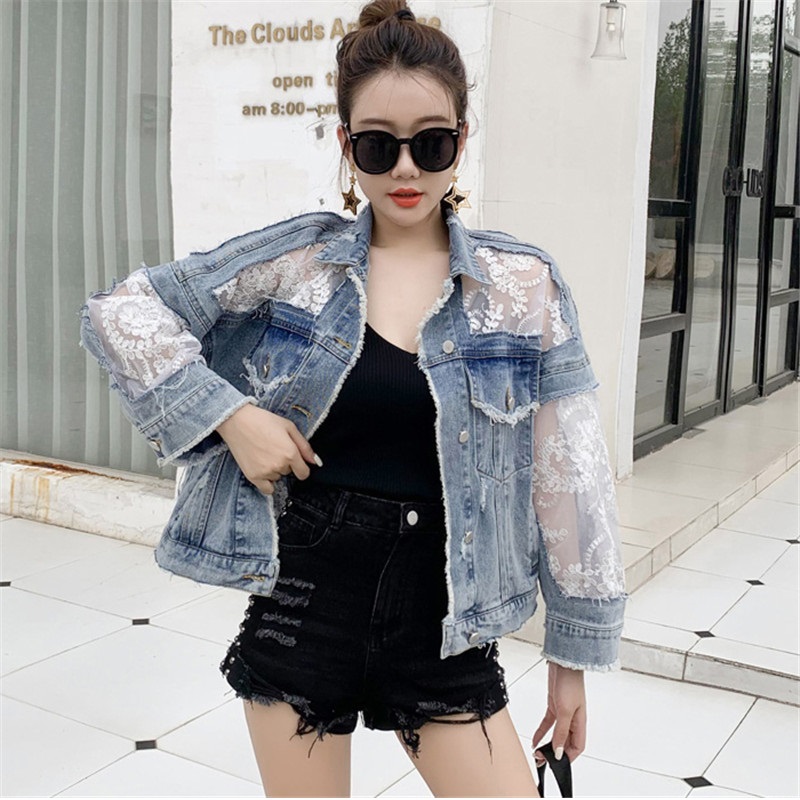 

Mesh Lace Embroidery Denim Jackets Women Turn Down Collar Jeans Coat Oversized Patchwork Outwear Vintage Boyfriend Jacket B061, Blue