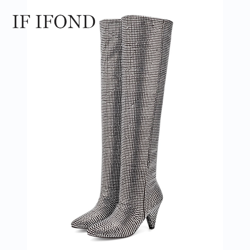 

IF IFOND Boots Women Pointed Toe Bling Thigh High Boots Woman Fashion Plush Warm Women Shoes 2020 zapatos Mujer, Silver