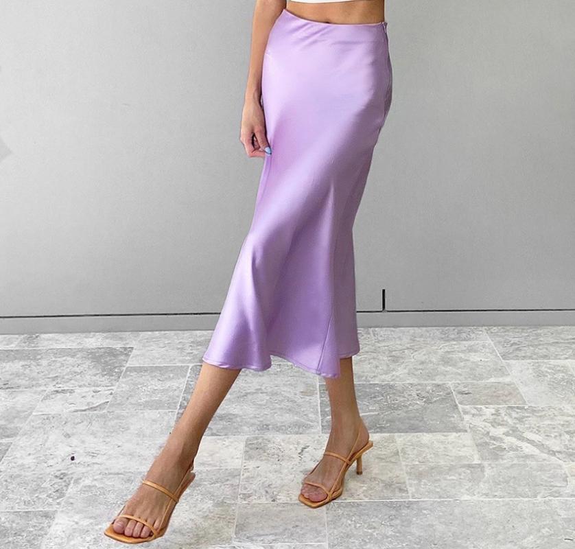 

Herstory Summer glossy purple yellow satin trumpet high waist skirt Silver gold long skirt Metallic Color party