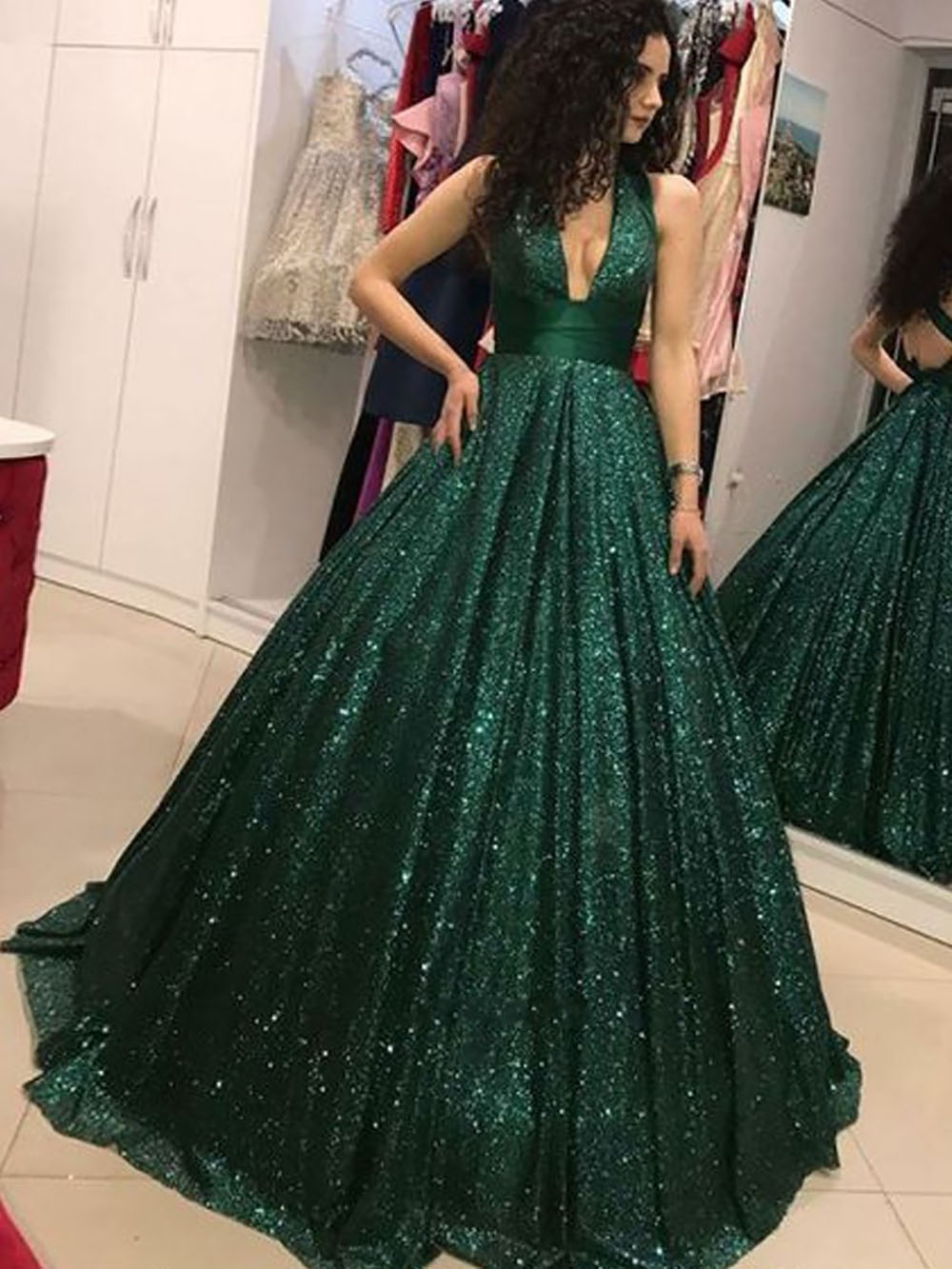 emerald sequin dress long