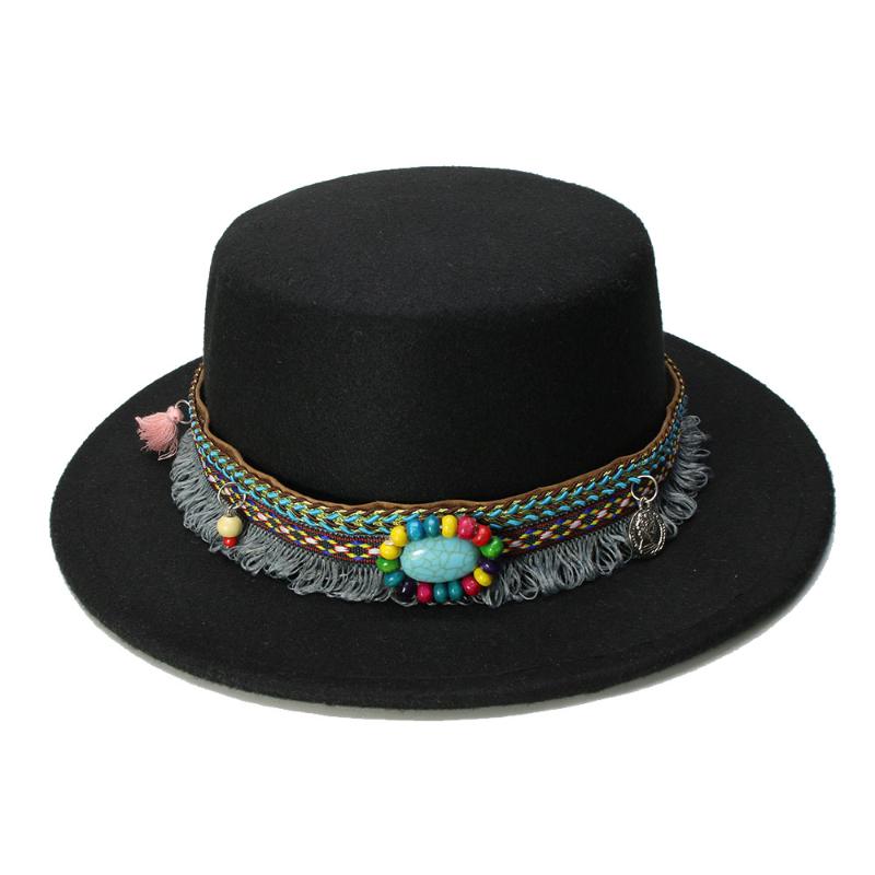 

LUCKYLIANJI Women Men Vintage 100% Wool Wide Brim Cap Pork Pie Porkpie Bowler Hat Tassel Turquoise Leather Band (57cm/Adjusted, Black