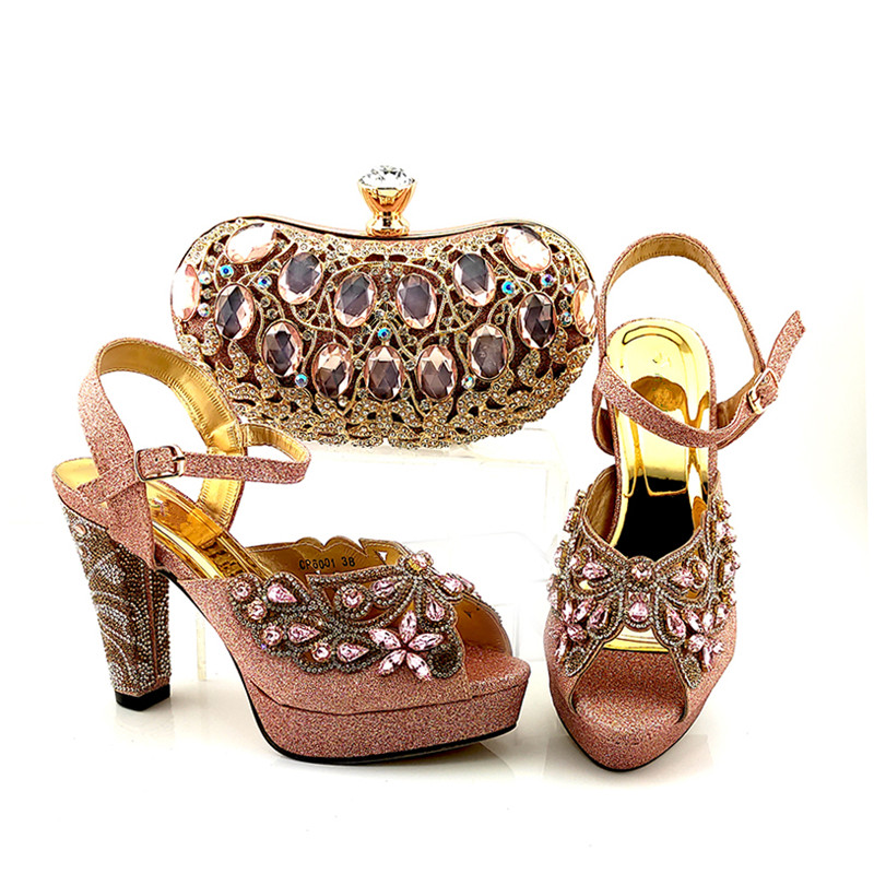 

High quality peach women shoes and bag set with big crystal style african pumps match purse for dress CP6001,Heel 11CM, Black