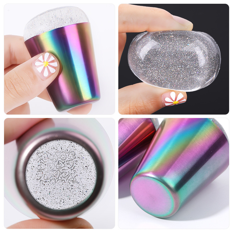 Rainbow Handle Nail Polish Printing Bright Holographic Head Transparent Silicone Stamper Nail Seal Press Plate Nail Tool D250-image-577570672