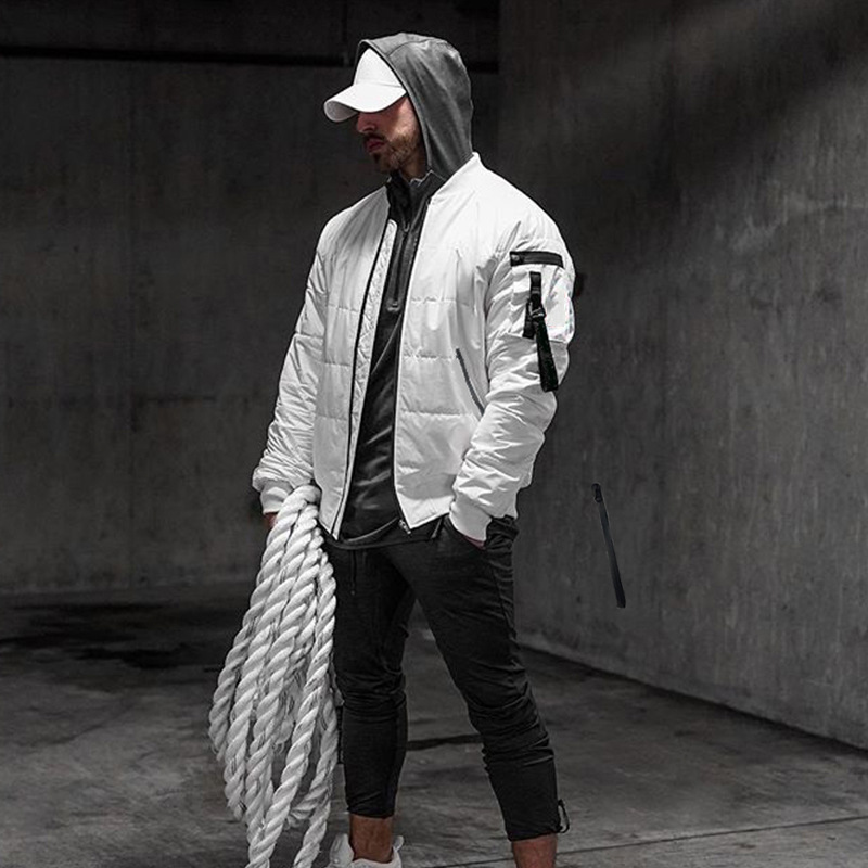 

2020 autumn and winter new men's youth stand collar zipper capless fitness jacket sports training cotton clothes, Black