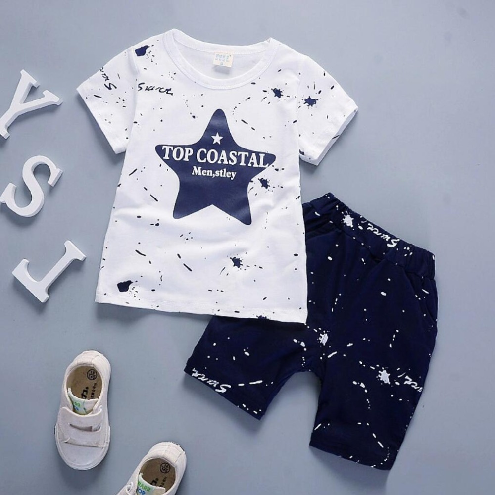 

Summer Toddler Boys Clothes Baby Children Clothing Sets 2019 New Stars Printed T-Shirt Shorts 2pcs set boy's Sport Suit Kids, Nary blue