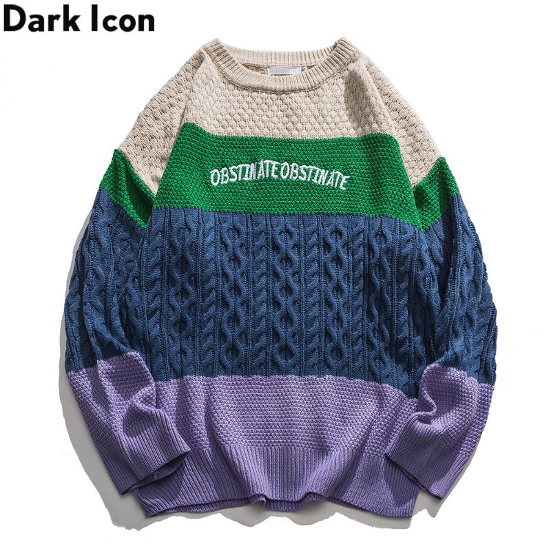 

Letters Embroidery Color Block Men' Sweater Round Neck Loose Knitwear Sweater Men, Blue