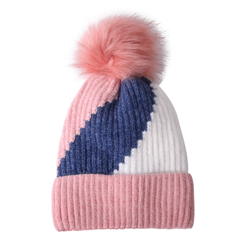 

Autumn And Winter Hat Beanies Stitching Color Curling Plus Velvet Warm Knitted Hat Wool Ball Wool