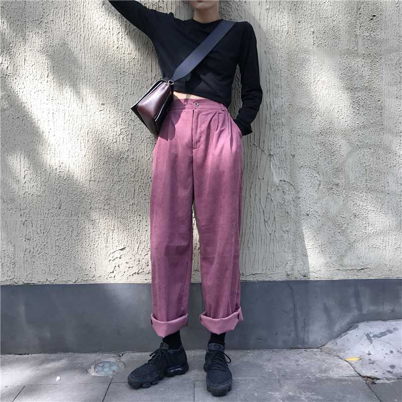 

2020 Autumn Women's Korean Retro Loose Pants Elastic Waist Corduroy Wide Leg Pants Straight, White