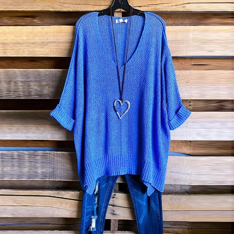 

Casual Sweaters Women V Neck Long Sleeve Knit Pullover Topsblusas Mujer De Moda Solid Color Loose Tops Abbigliamento Donna, Blue