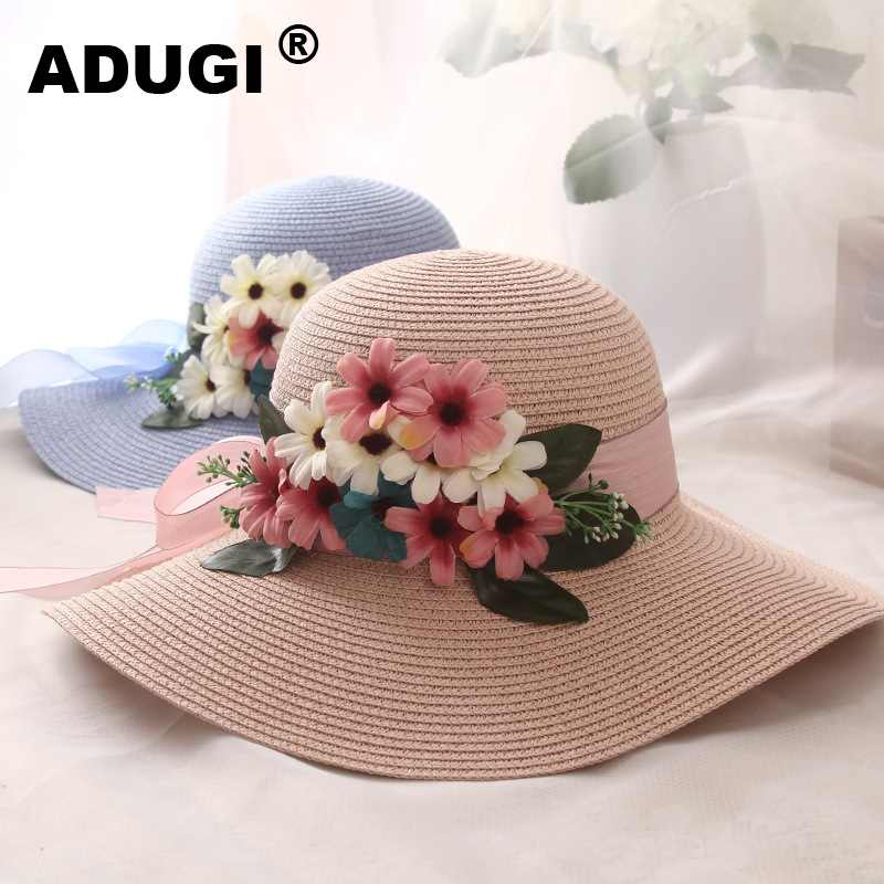 

ADUGI Sun Hat Summer Sun Hat Ladies Beach Flowers Big Along the Forest Female Streamer Foldable Sunscreen Straw, White