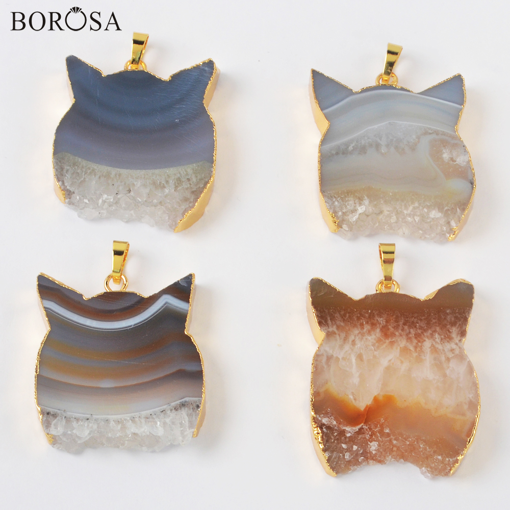 Crudo Collar Colgante de ágata áspero agujero de Cristal y collar de clústeres chapado en oro