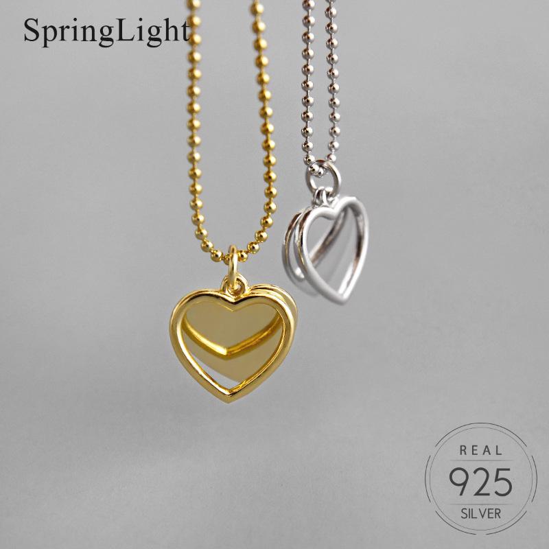 

Springlight 100% 925 Sterling Silver Love Heart Shape Necklace Gold Silver Solid & Hollow Heart Romantic Women Pendant Jewelry