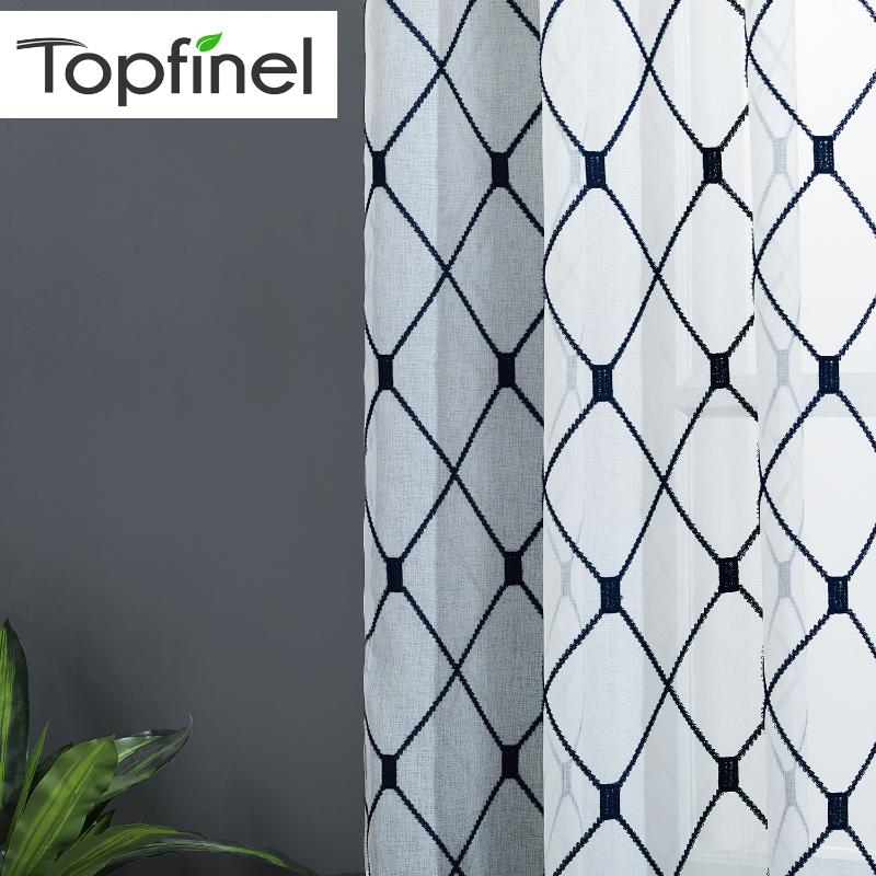 

Topfinel Geometric Embroidered Sheer Curtains Tulle Window Curtains for Kitchen Living Room Bedroom White Voile for Cafe, Teal