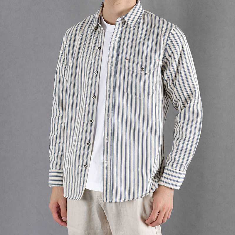 

Striped long sleeve autumn and spring cotton men shirt brand fashion shirts for men casual trendy shirt mens camisa camiseta, Beige blue stripe