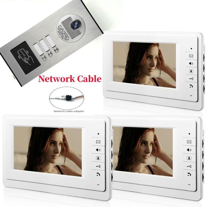 

Network cable connection 3 Apartment/Family Video Door Phone Intercom System 1 Doorbell RIFD Camera with 3 button Monitor