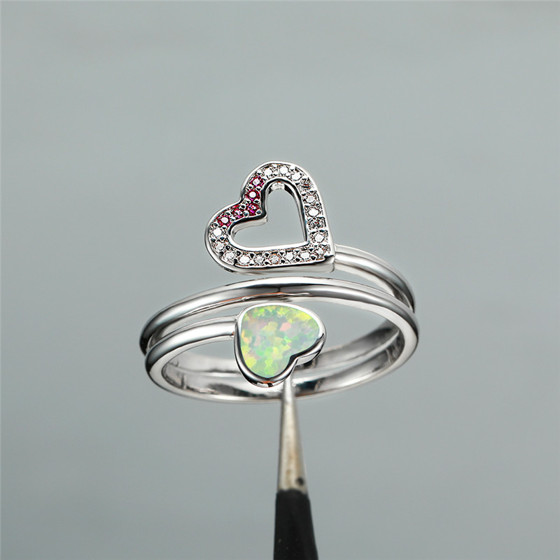 

Cute Female Blue White Fire Opal Ring Boho Silver Color Heart Ring Promise Love Engagement Rings For Women