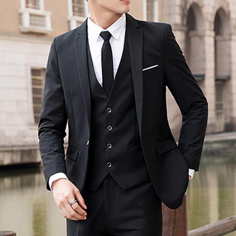 

Cotton Suit Men Solid Color Lapel Collar Coat Vest Long Pants Business Wedding Slim Suit Set men royal blue wedding suits 2020, Black