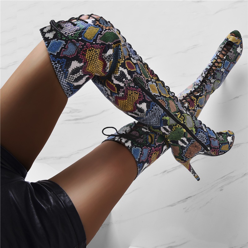 

Floral Long Boots Fashion Over The Knee Peep Toe Lace Up Hollow Breathable Shoes Runway Party High Heel Mixed Color Boots, As picture