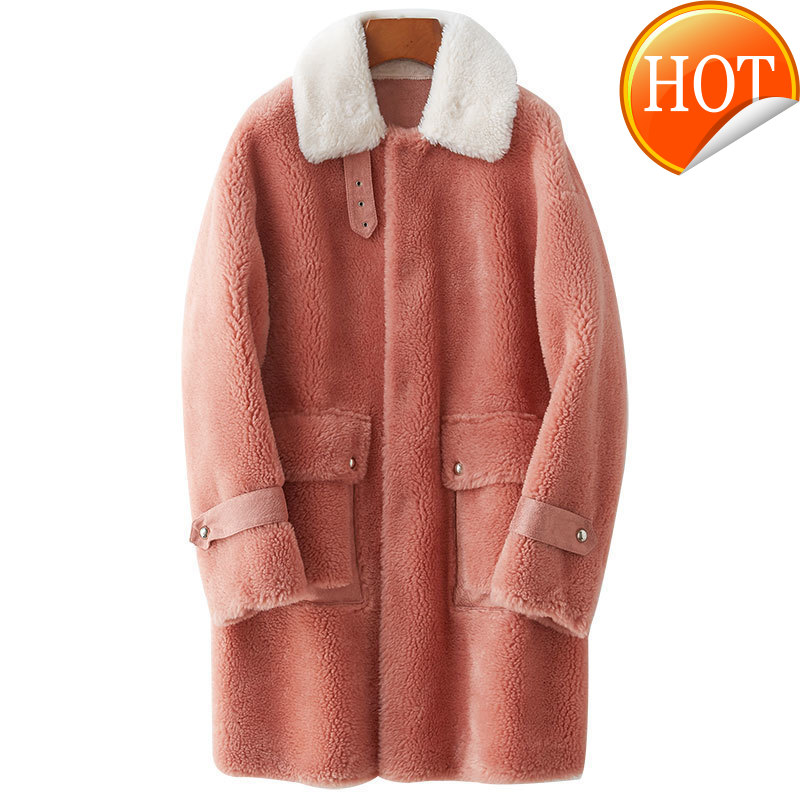 

Fur Coat Real Female Wool Jacket Autumn Winter Coat Women Clothes 2020 Korean Vintage Sheep Shearling Tops Veste Femme ZT4387, Red
