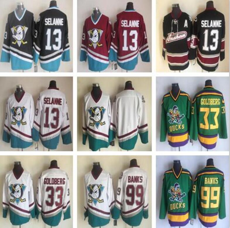 

Mighty Ducks Jersey 33 Greg Goldberg 13 Selanne 99 Adam Banks White Hockey Jersey Vintage Mens Ice Hocke Jerseys, #99 banks white